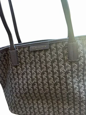 Tory Burch Gray & Black Textured Monogram Small Tote Bag Zip Top Logo Canvas thumbnail 3