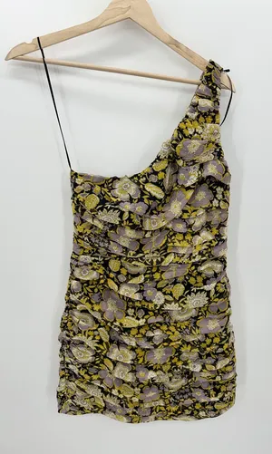 Zara Women Metallic Floral One Shoulder Mini Ruffle‎ Bodycon Dress Multicolor M thumbnail 1