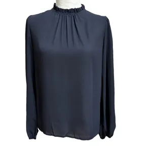 SheIn Chiffon Blouse Navy Ruffle Mock Neck Bishop Sleeve Work Modest Minimalist XS‎ thumbnail 2