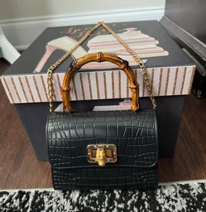 Black Croc-Embossed Bamboo-Handle Shoulder Bag with Gold Hardware thumbnail 1
