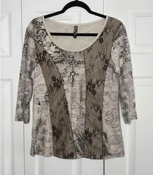 Vanilla Sugar Mixed Media Floral Lace Top Size Large‎ Brown Boho Y2K Cotton USA thumbnail 1