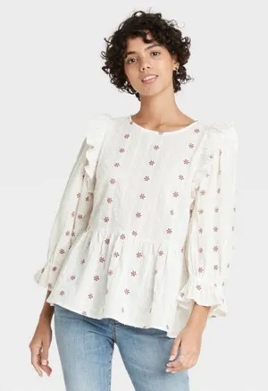 Universal Thread‎ Women 100% Cotton Peplum Top XXL White Embroidered Cottage thumbnail 1