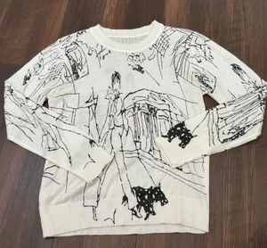 Unbranded Artistic Sketch Print 100% Wool Sweater White Black Dog Art Small S thumbnail 1