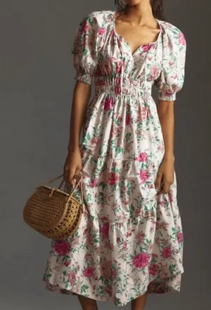 Anthropologie Floral Peony Puff Sleeve Cottagecore Fairy Dress White Pink XS thumbnail 1