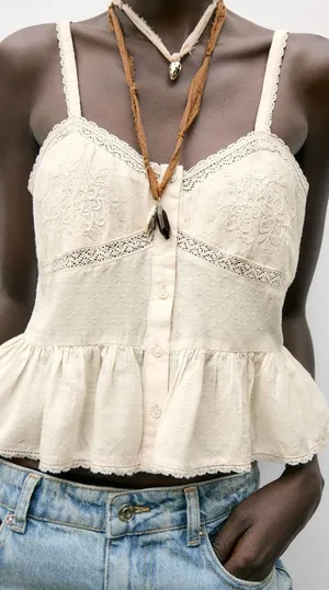 Zara Women's Cream Embroidered Button-Front Tank Top thumbnail 1