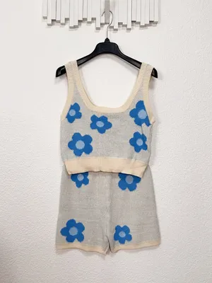 Miss Sparkling Blue Floral Knit Tank Shorts Set XL Two Piece Lounge Matching Set thumbnail 3