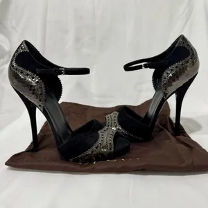 Gucci Black Suede Metallic Python Brogue Ankle-Strap Heels EU 39 thumbnail 5