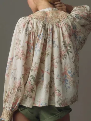EUC Anthropologie Smocked Lurex Floral Long Sleeve Top Size Small thumbnail 3
