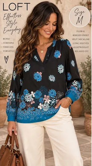 Loft Floral Border Print Split Neck Blouse Black Blue Boho Top Medium thumbnail 1