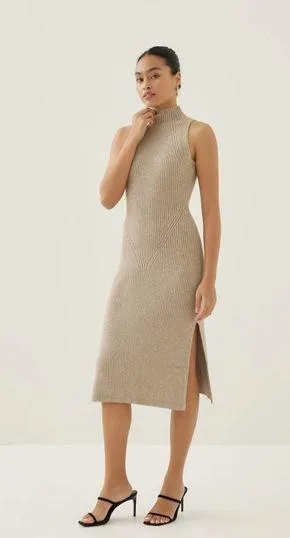 New with tags by Love Bonito Katrin Turtleneck Midi Dress Sleeveless Tan Knit thumbnail 1