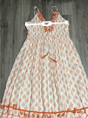 Me 2 Magic Boho Maxi Dress Orange White Embroidered V-Neck Fringe. thumbnail 13