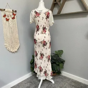 Nostalgia Cream Floral Maxi Dress Layered Short Sleeve Polka Dot 100% Rayon thumbnail 5