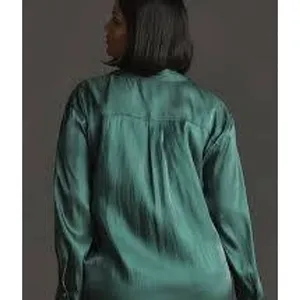 Anthropologie Blouse Women Large Teal Green Button Down Satin Finish Relaxed Top thumbnail 3