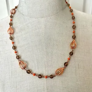 Rose gold tone orange beaded necklace thumbnail 1