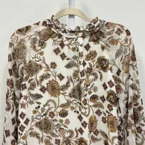 Loft Women's Paisley Floral Ruffle Neck Keyhole Blouse‎ Cream Brown Size M thumbnail 5