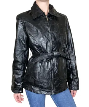 Leather Works Vintage  Black Patchwork Leather Waist Tie Jacket thumbnail 1