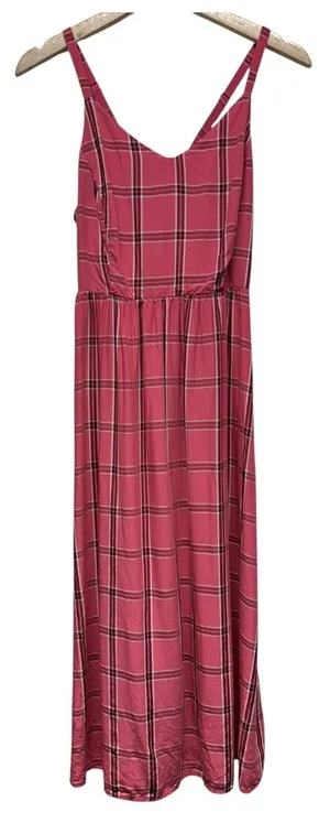 Old Navy Women Pink Plaid Fit & Flare Cami‎ Midi Dress Size M Smocked Cottage thumbnail 1