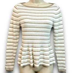 White House Black Market Cream Tan Striped Peplum Ribbed Knit Sweater Size Small thumbnail 1