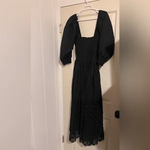Free People Black Storm Dress Balloon‎ Sleeve Eyelet Bohemian Witchy Wednesday thumbnail 6