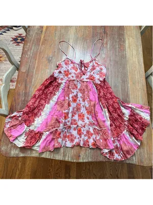 Free People Intimately Floral Patchwork Strappy Mini Dress XS Pink Red Flowy thumbnail 2