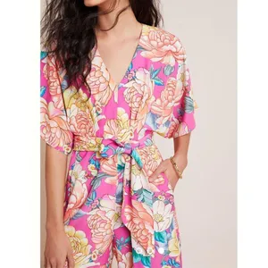 Farm Rio Anthropologie Eulalie pink floral Wide-Leg Jumpsuit size XS thumbnail 3
