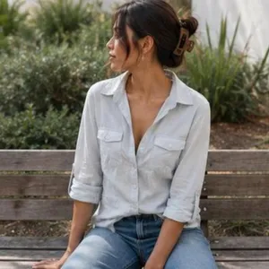 Light Blue Pinstripe Button Up Shirt Roll Sleeve Relaxed Fit Coastal Casual L thumbnail 2