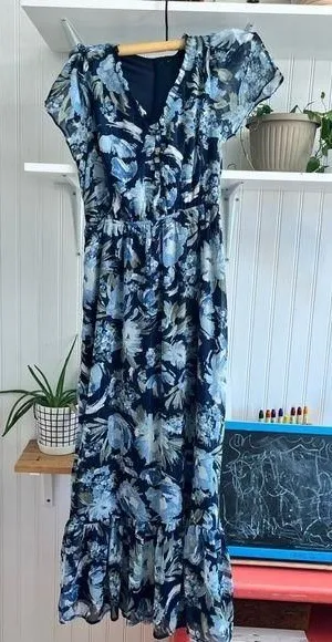 Blue Floral Midi Maxi Butterfly Sleeve V Neck Ruffle Tiered Dress thumbnail 1
