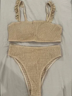 SHEIN Beige Ruffle Strap Smocked Bikini Set thumbnail 1