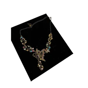 Brass-Tone Multi Color Rhinestone Butterfly Flower Charm Necklace thumbnail 2