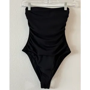 NEW Shade & Shore Black Ribbed Bandeau One Piece Swimsuit XS Shaping thumbnail 3