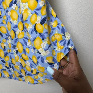 Ann Taylor Women Linen Top Small Blue Yellow Lemon Fruit Blouson‎ Gasset Resort thumbnail 10