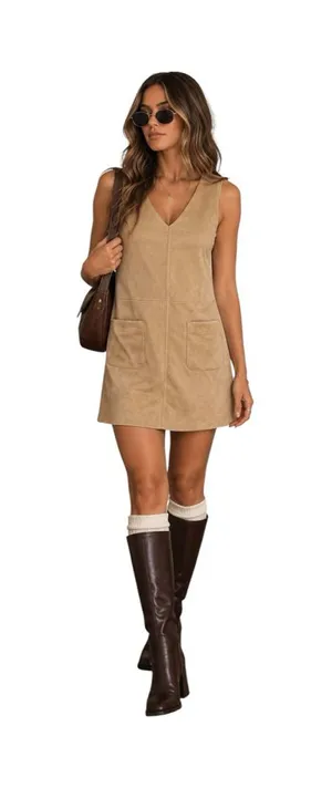 Max Studio Womens XS Faux Suede Mini Shift Dress Taupe Tan V Neck Pockets NWT thumbnail 1