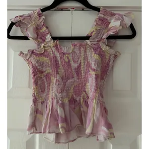 Hill House Home Pink Yellow Swirl Smocked Linen Peplum Ruffle Top Small thumbnail 2