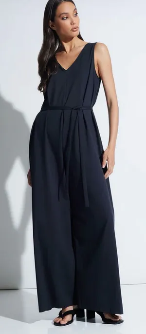Natori Bliss Essential Cotton black V-Neck Wide-Leg Belted jumpsuit Sz XL thumbnail 1