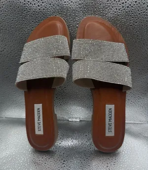 Steve Madden Brown Footbed Silver Crystal Double-Strap Slide Sandals thumbnail 1