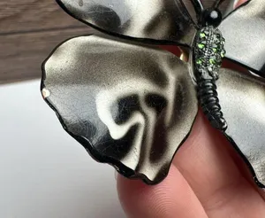 Large Rhinestone Butterfly Insect Enameled Metal Brooch Pin Enamel Black White thumbnail 9