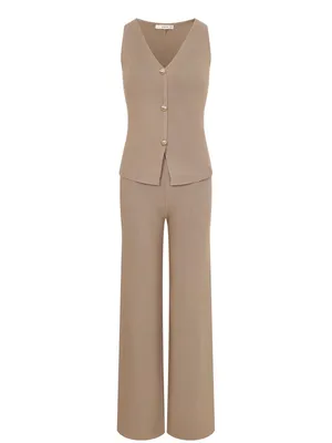 Knit 2 Piece Set Gold Button Vest Top Wide Leg Pants Chic Lounge Outfit M thumbnail 2