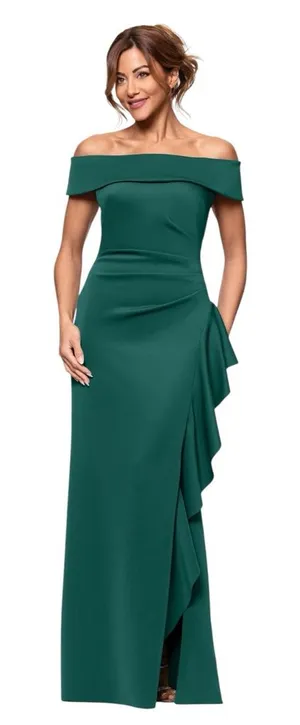 Xscape Off-The-Shoulder Dolly Scuba Ruffled Side-Slit‎ Gown Green 6 thumbnail 1