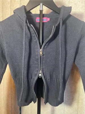 Edikted XS Dark Navy Cropped Double Zip Knit‎ Hoodie Sweater Y2K thumbnail 3