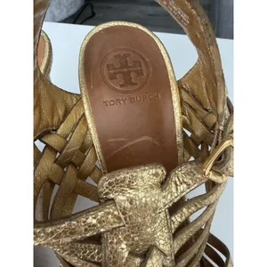 Tory Burch Nadia Metallic Gold Woven Leather Heels Sandals 9M thumbnail 6