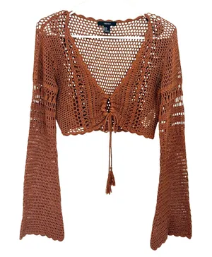 Forever 21 Retro Crochet Knit Bell Sleeves Crop Top 100% Cotton Size Small Brown thumbnail 1