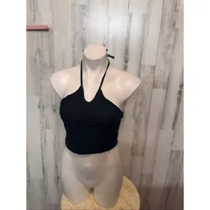 Black Halter Ruched Crop Top Size Large Black thumbnail 2