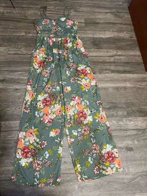 Band of the Free Floral Wide Leg Jumpsuit Size M Sage Green Boho thumbnail 3