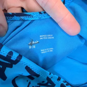 Aerie Real Beach Cheeky One Piece‎ Swimsuit Blue Black Graffiti Text Ribbed M thumbnail 7