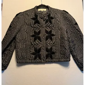 Free People Quinn Quilted Jacket Velvet Floral Applique Jacket Black Women Sz L thumbnail 3