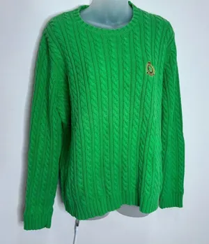 Lauren Ralph Lauren Bright Green Cable-Knit Crewneck Sweater 100% Cotton medium thumbnail 1