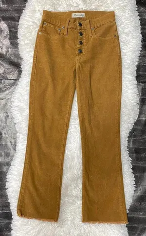 Madewell Cali Demi-Boot Plush Corduroy Brown Tan Flare Button Fly Jeans Raw Hem thumbnail 1