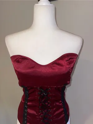 Angie Strapless Satin Corset Top in Burgundy thumbnail 2
