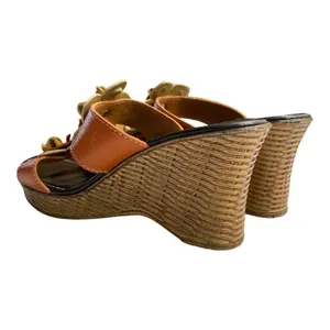 Bonita Floral Leather Wedge Sandals Cognac Brown Slide Mules Platform Heel thumbnail 11