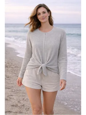 Barefoot Dreams CozyChic Ultra Lite Gray Tie Front Pullover‎ Sweater Size S thumbnail 5